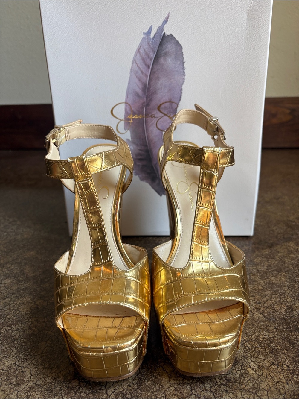 Jessica Simpson Gold Croc-Embossed Platform T-Strap Sandals